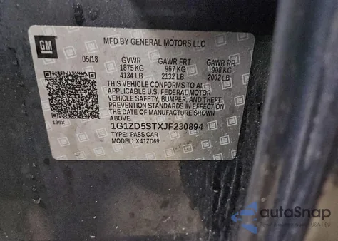 2018 Chevrolet Malibu Lt z USA, uszkodzony, nr VIN 1G1ZD5STXJF230894